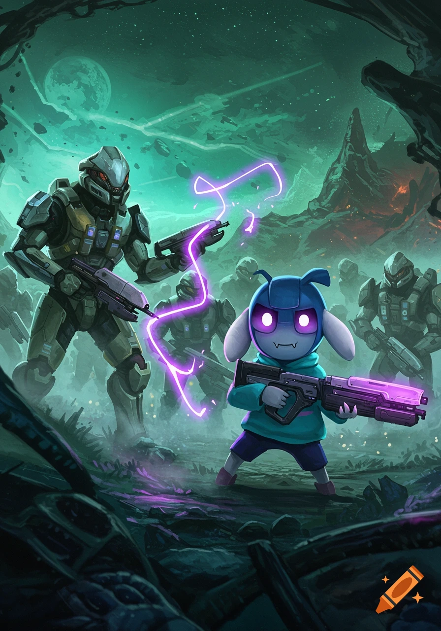 Tem shopkeeper and Master Chief-like soldiers with guns on an alien planet.