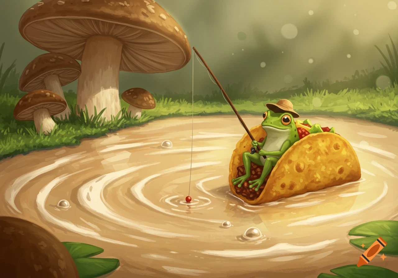 Illustrated frog in a taco boat fishing on a mushroom soup lake, with giant mushrooms.