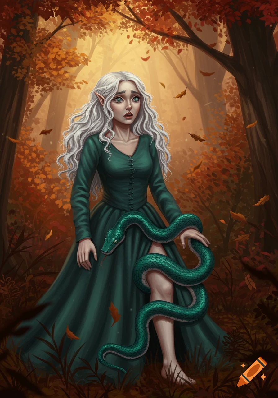 An elf woman with long white hair in a green dress stands in an autumn forest, a green snake wrapped around her leg.