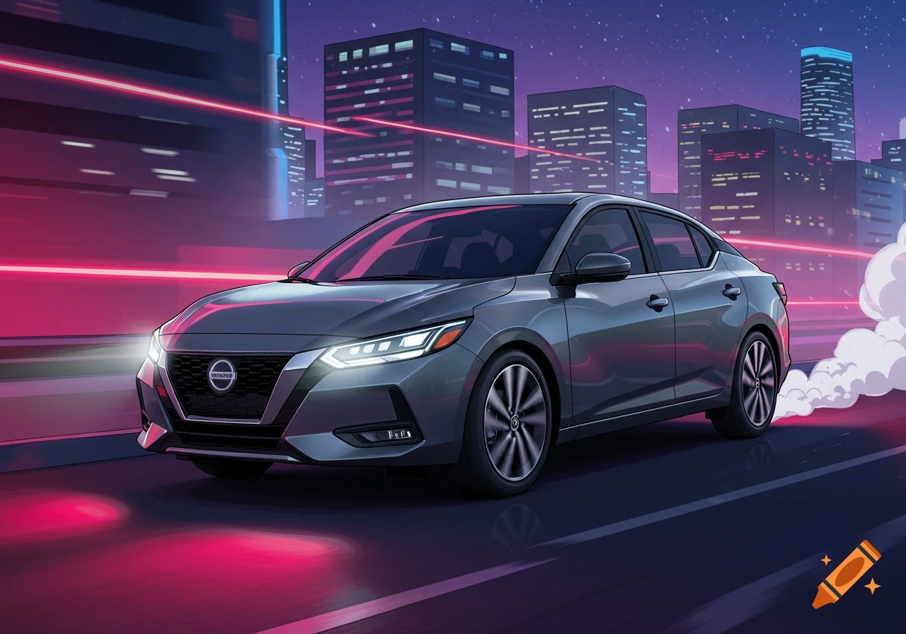 A gunmetal gray Nissan Sentra drives through a neon-lit city at night, cartoon style.