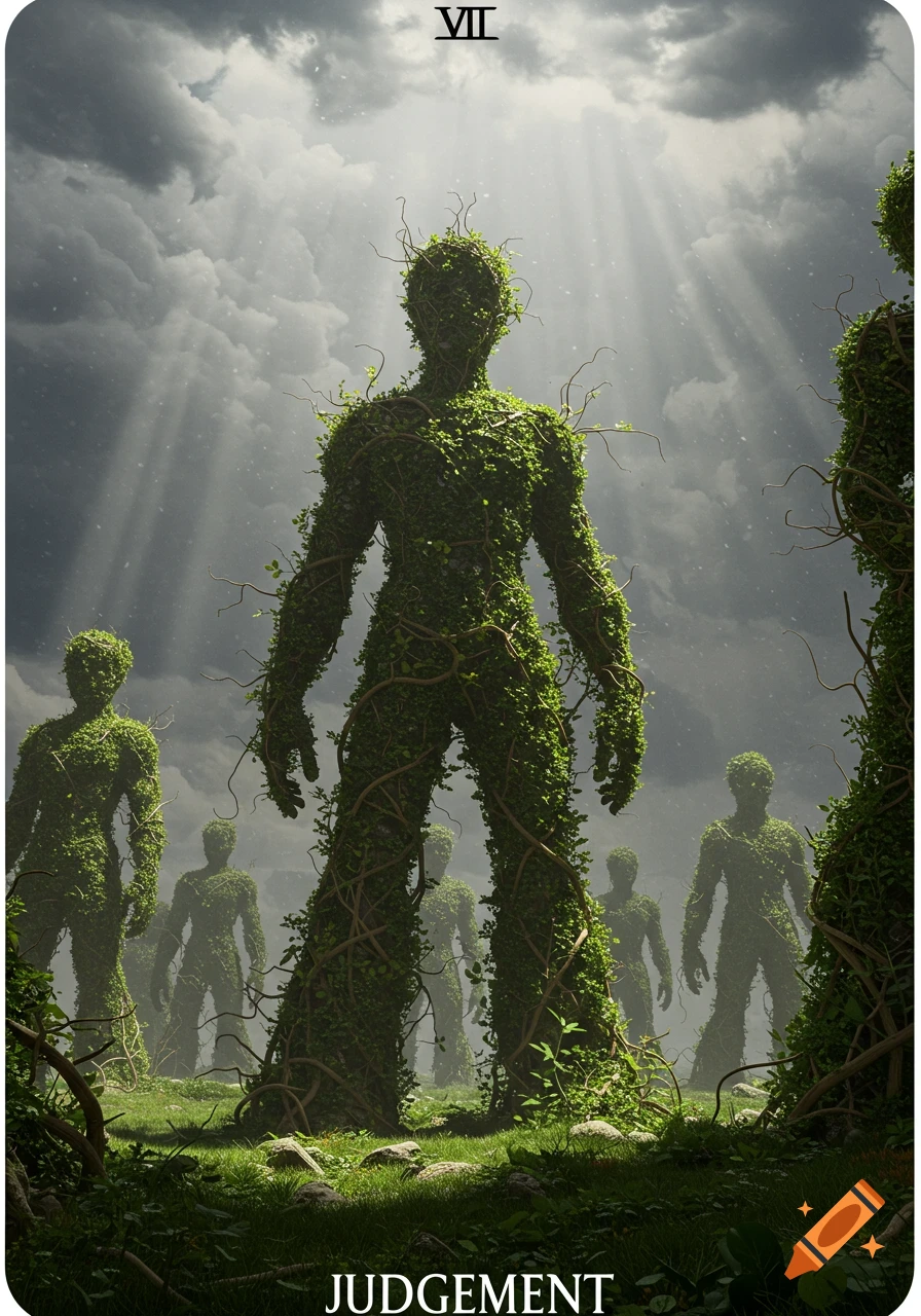 A tarot card depiction of Judgement, featuring several humanoid figures made of lush green plants and vines under a dramatic, sunlit sky.