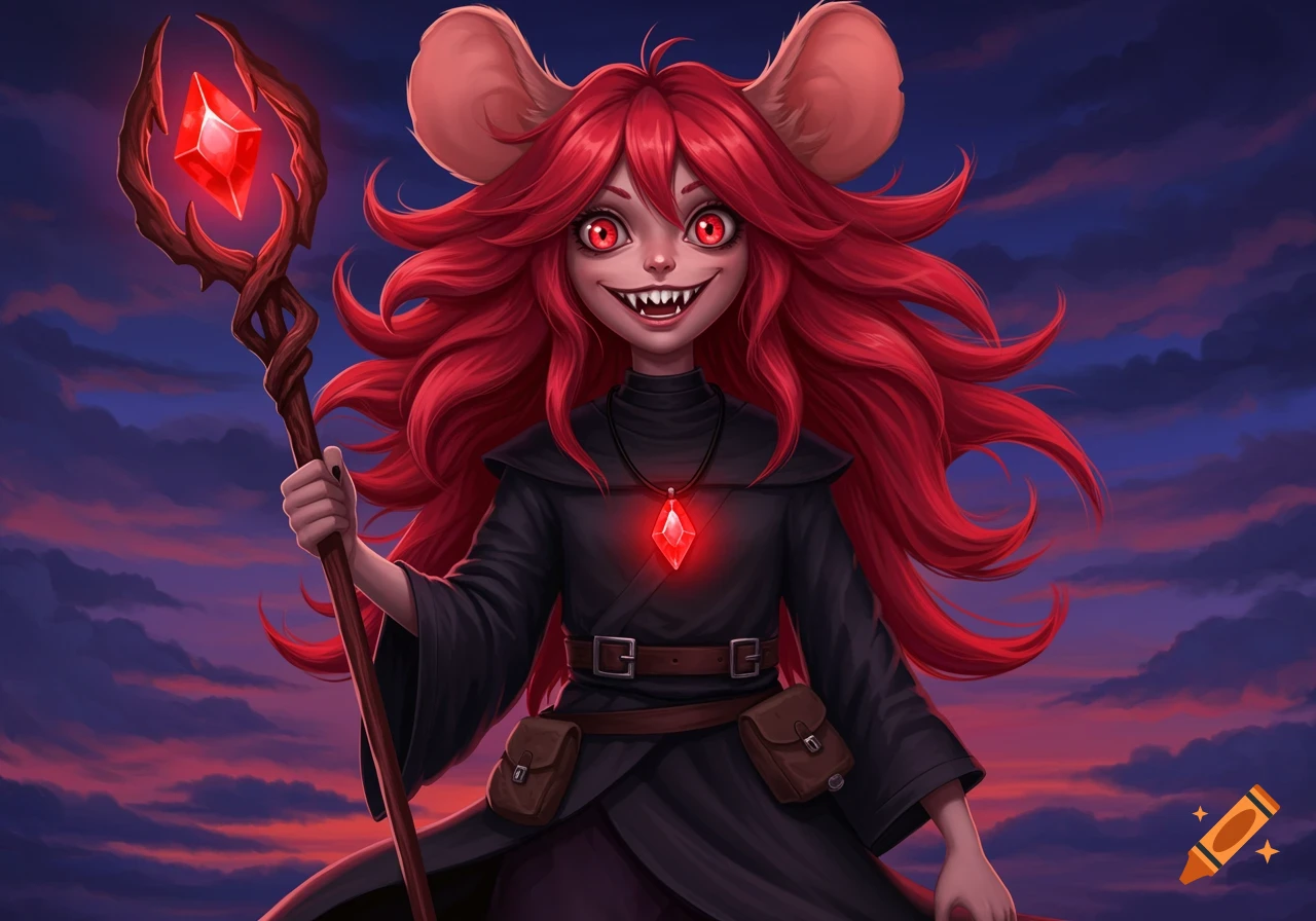 A red-haired anime girl with mouse ears, red eyes, and fangs, wearing a black robe and a glowing red crystal pendant, holds a staff with a matching red crystal.