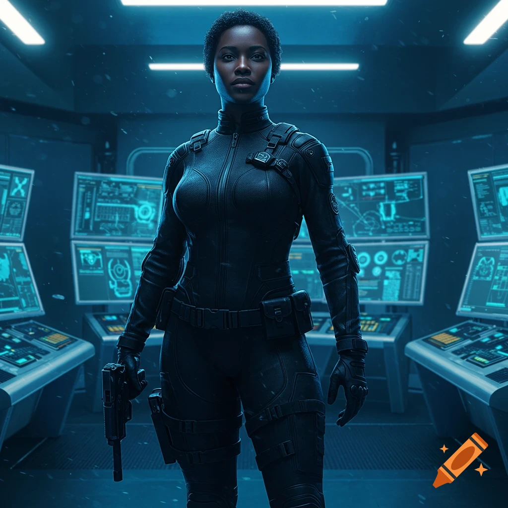 A Black woman in a black tactical suit stands with a handgun in a blue-lit sci-fi control room with glowing screens.