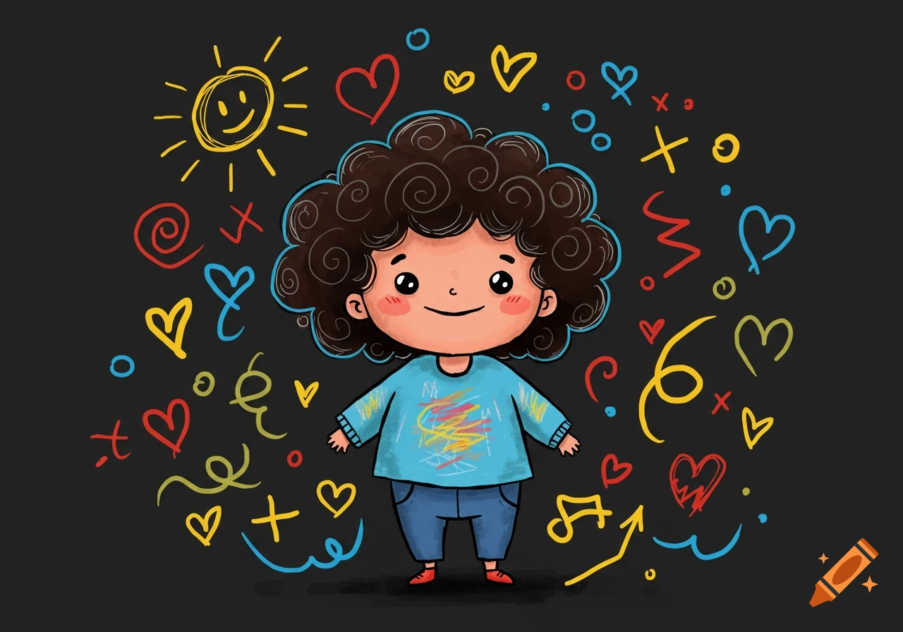 A chubby cartoon child with curly hair smiles, surrounded by colorful scribbles and hearts on a dark background.