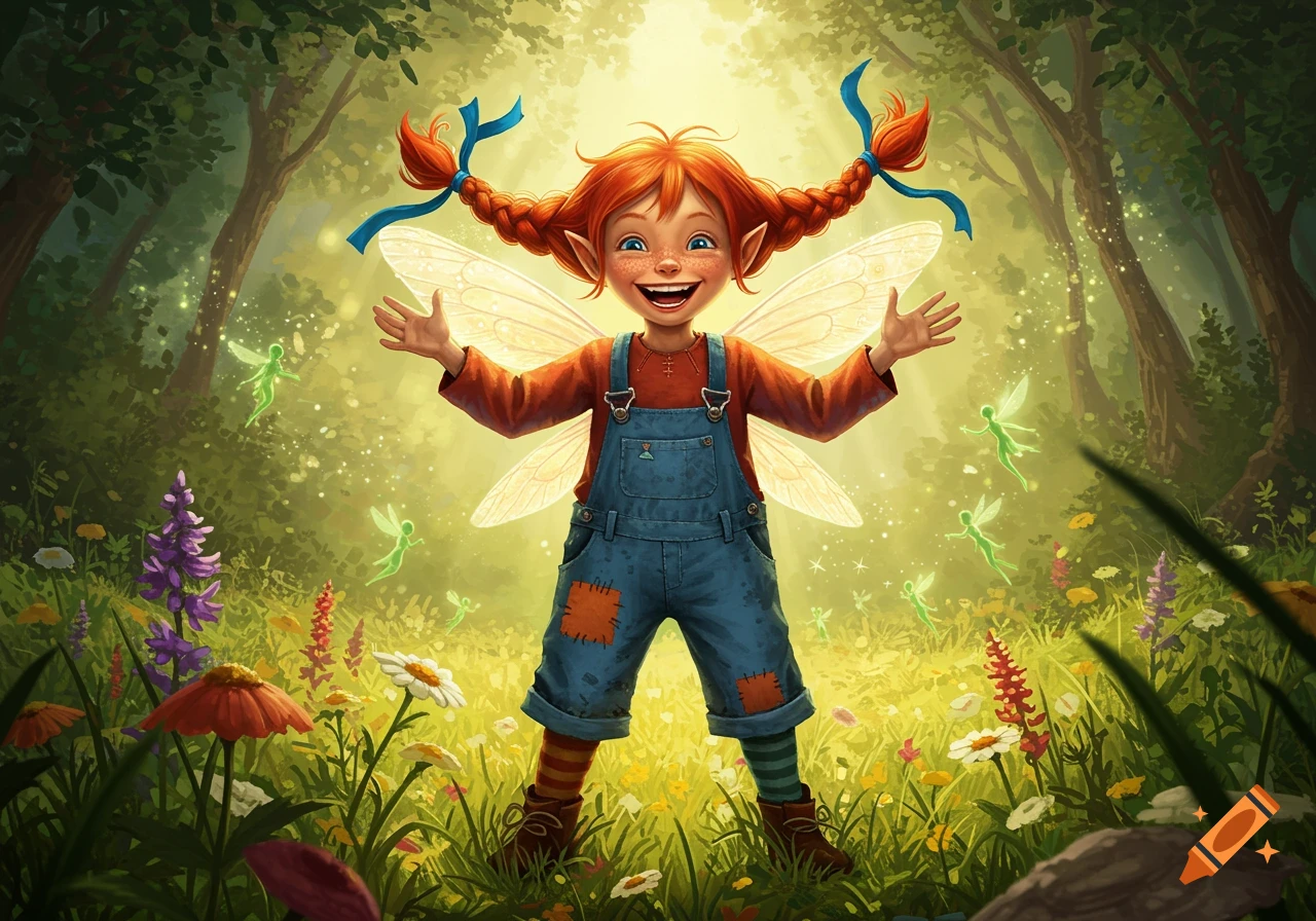 A cheerful red-haired girl with pigtails and fairy wings stands with outstretched arms in a magical forest with tiny green fairies and wildflowers, in an illustrative style.