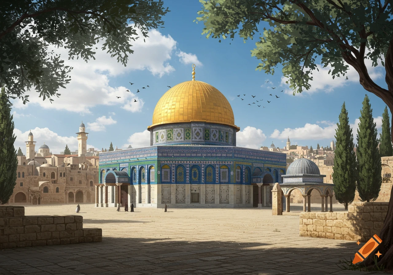 Artistic illustration of the golden Dome of the Rock in Jerusalem, surrounded by ancient stone buildings and trees under a blue sky.