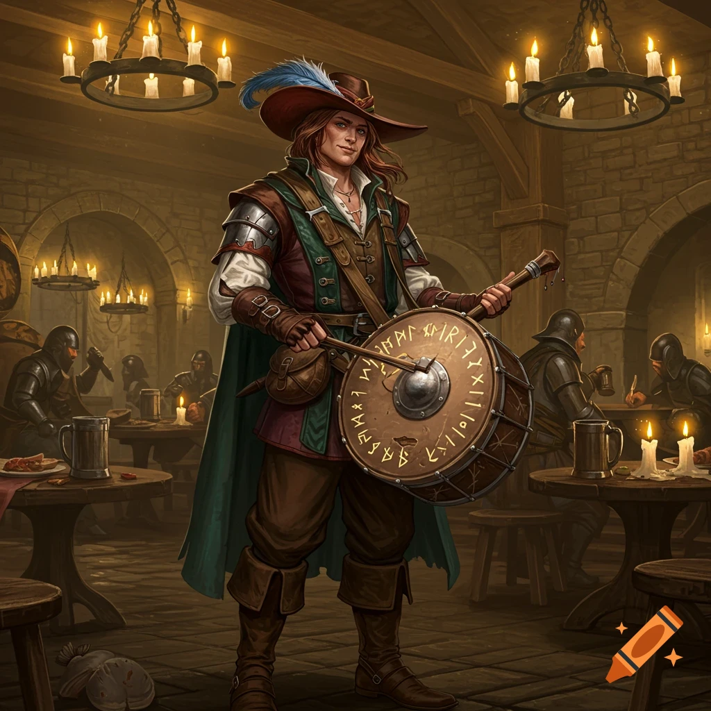 A male bard in a fantasy tavern, wearing a feathered hat and armor, holding a drum with runes, surrounded by patrons.