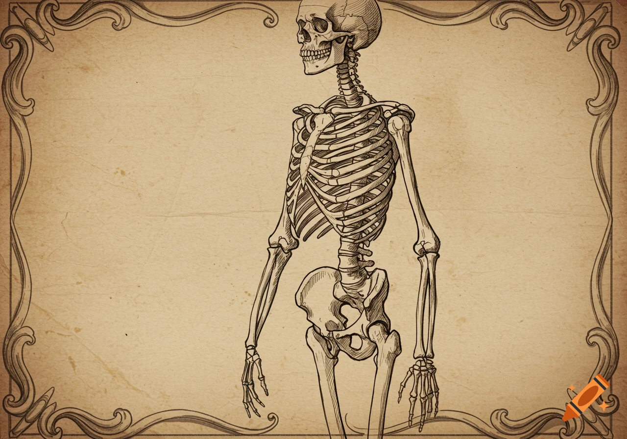 A detailed vintage-style drawing of a human skeleton standing, on aged paper with decorative borders.