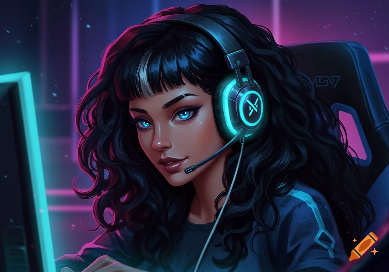 Stylized portrait of a female gamer with blue eyes and dark hair, wearing glowing headphones in a neon-lit room.