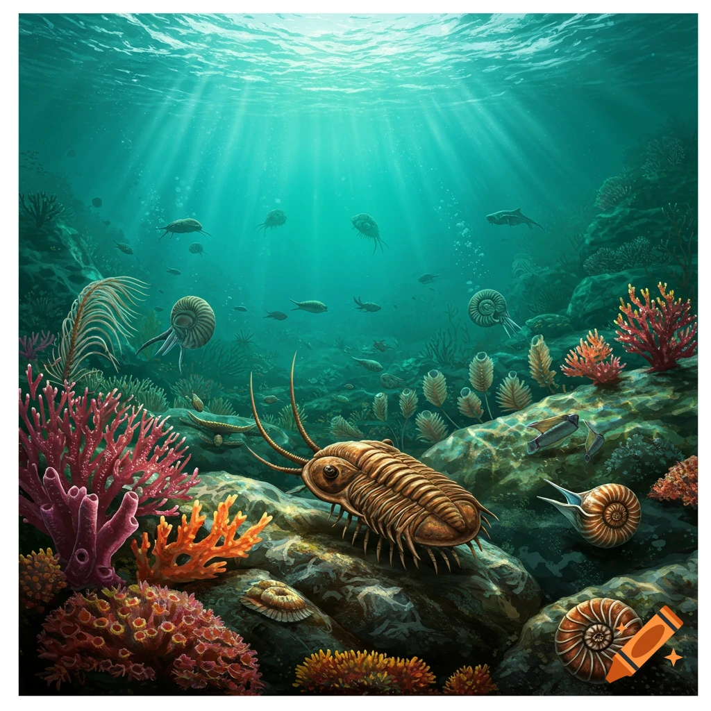 Vibrant illustration of Ordovician marine life, including a trilobite, ammonites, and ancient corals, on a sunlit ocean floor.