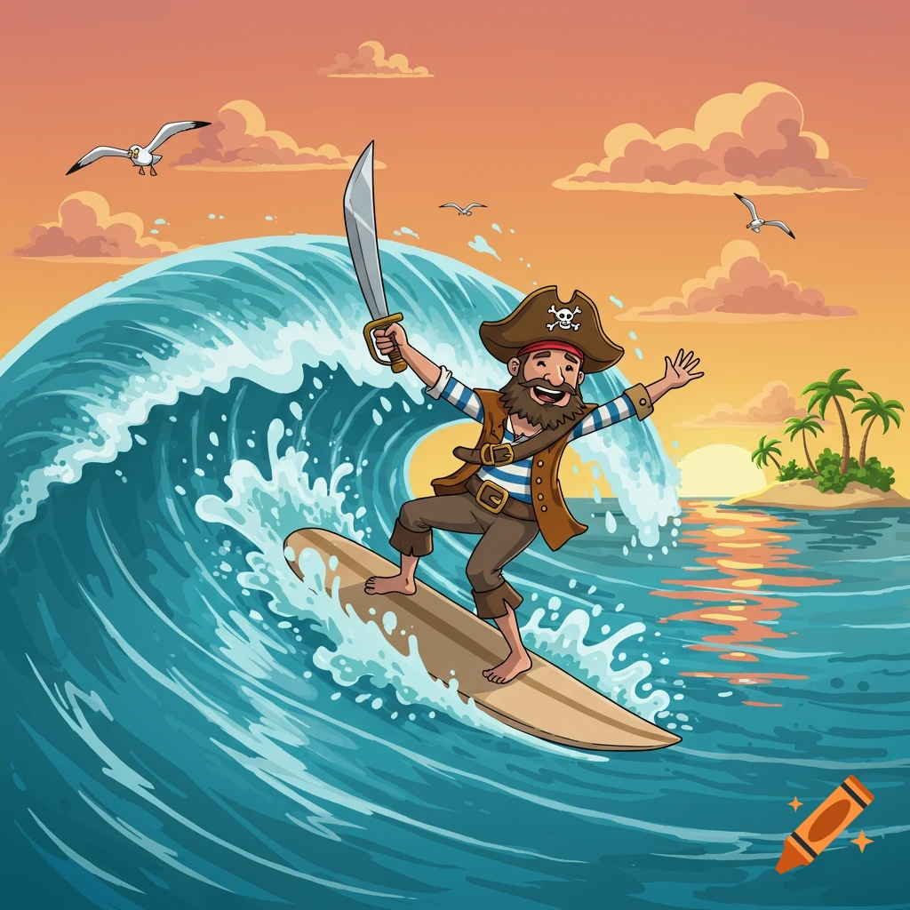 A joyful cartoon pirate surfs a large ocean wave at sunset, holding a sword. Palm trees and seagulls are in the background.