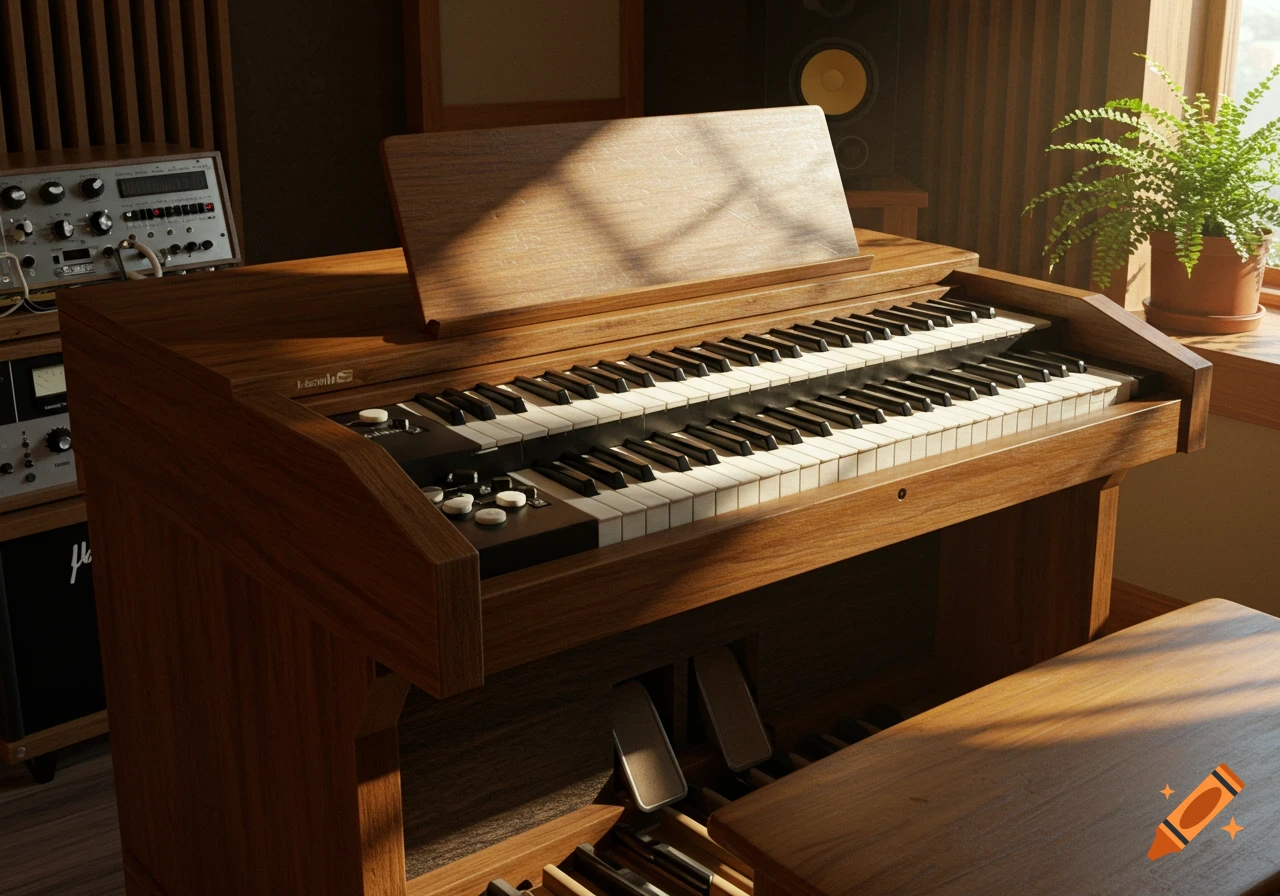 A close-up, photorealistic image of a vintage wooden double-keyboard organ in a sunlit room, with audio equipment and a potted plant nearby.