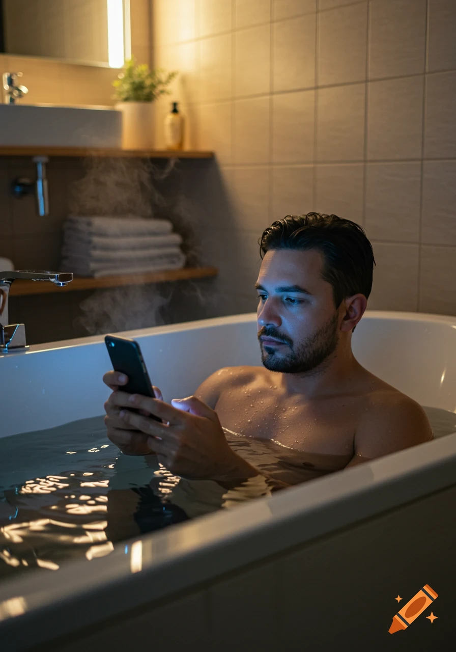A man with a beard sits in a steaming bathtub, looking at his smartphone, in a warmly lit bathroom.
