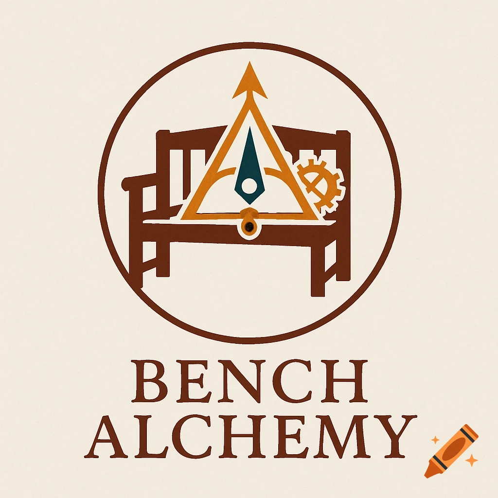 A logo for 'Bench Alchemy' featuring a brown bench with an orange, blue, and brown alchemical symbol overlaid, all within a brown circle. The text 'BENCH ALCHEMY' is below.