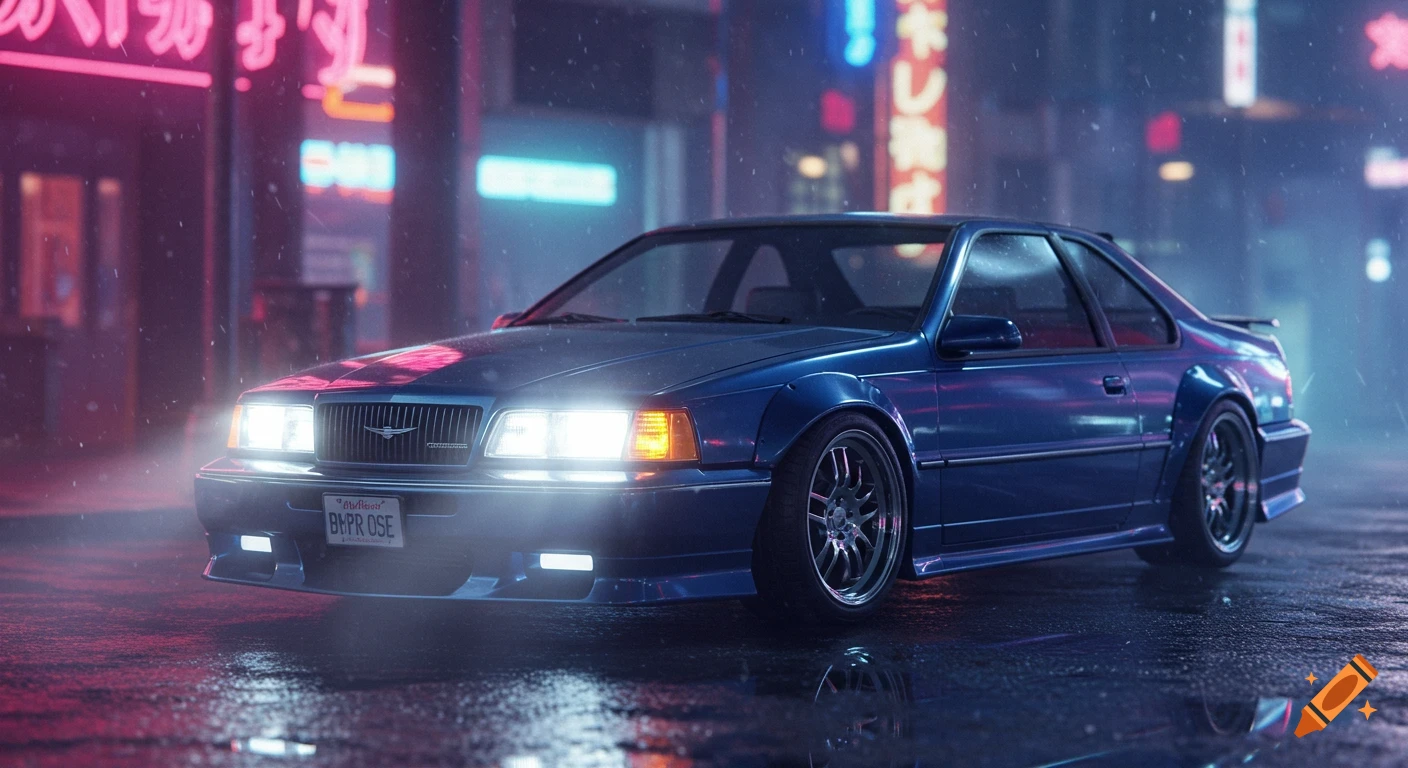 A blue 1992 Thunderbird Super Coupe restomod parked on a wet street at night, illuminated by neon lights.