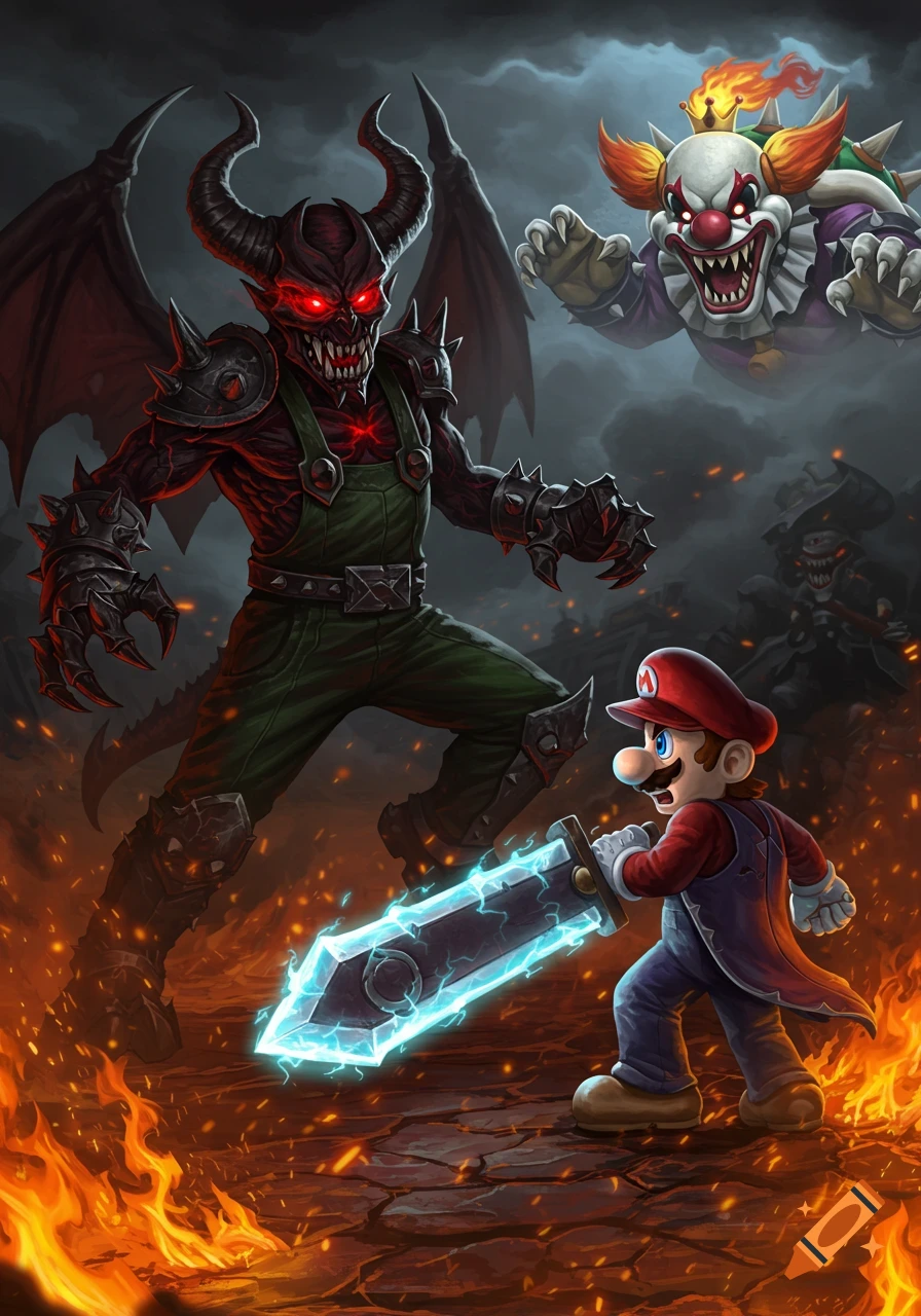 Mario confronts a demonic Luigi wielding an electric sword in a fiery landscape, with a menacing clown Bowser floating behind.