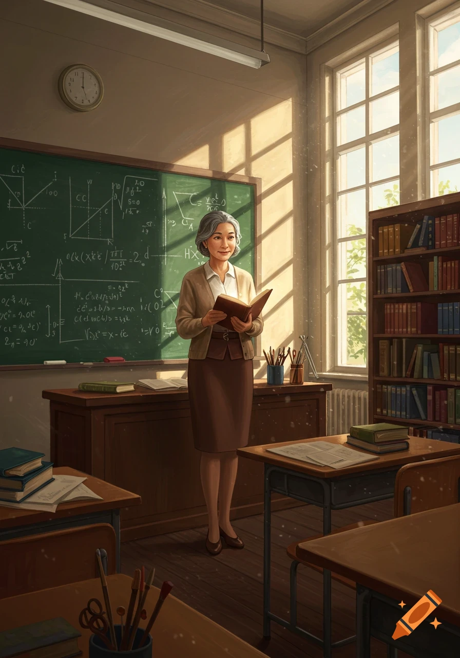 An illustration of a female teacher standing in a sunlit classroom, holding a book, with a blackboard and desks.
