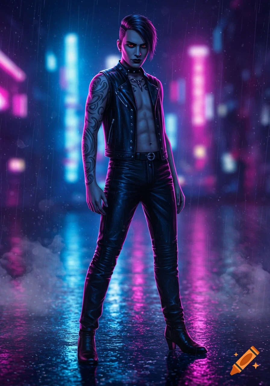A stylized person in a leather vest and pants with tattoos stands in the rain on a neon-lit street.