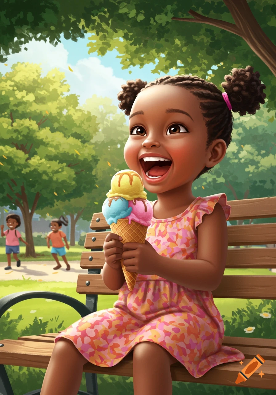 A cute Black girl happily eating a multi-scoop ice cream cone while sitting on a park bench in a vibrant cartoon style.