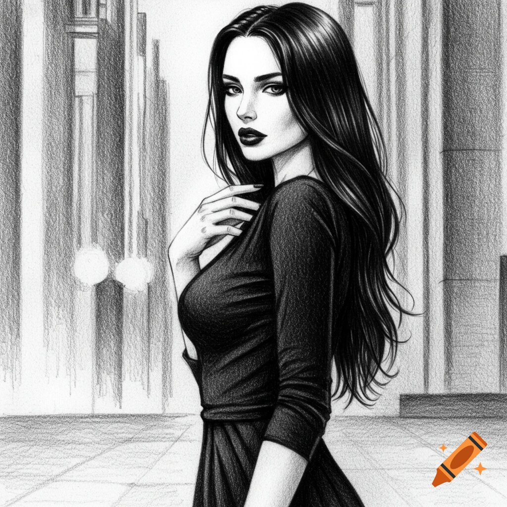 A black and white pencil sketch of a woman with long dark hair and a black dress, looking over her shoulder.