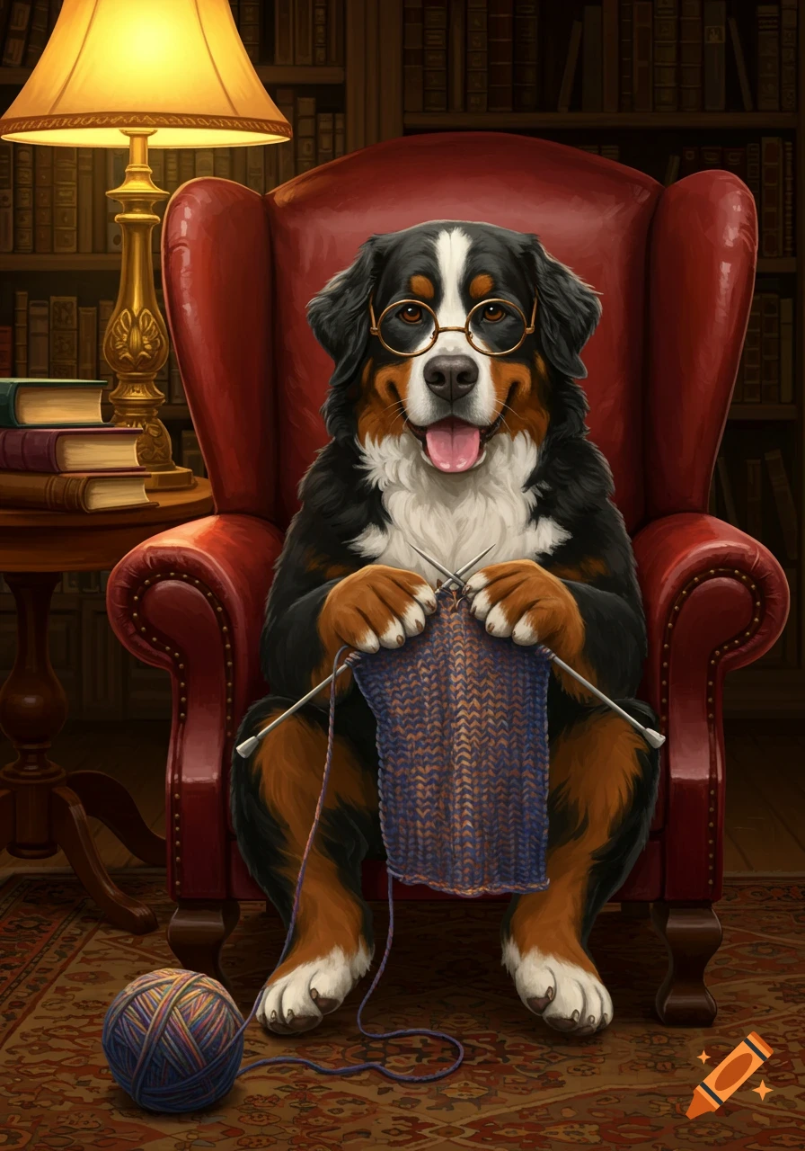 A happy Bernese Mountain Dog wearing round glasses sits in a red leather armchair, knitting a blue and orange pattern in a cozy library setting.