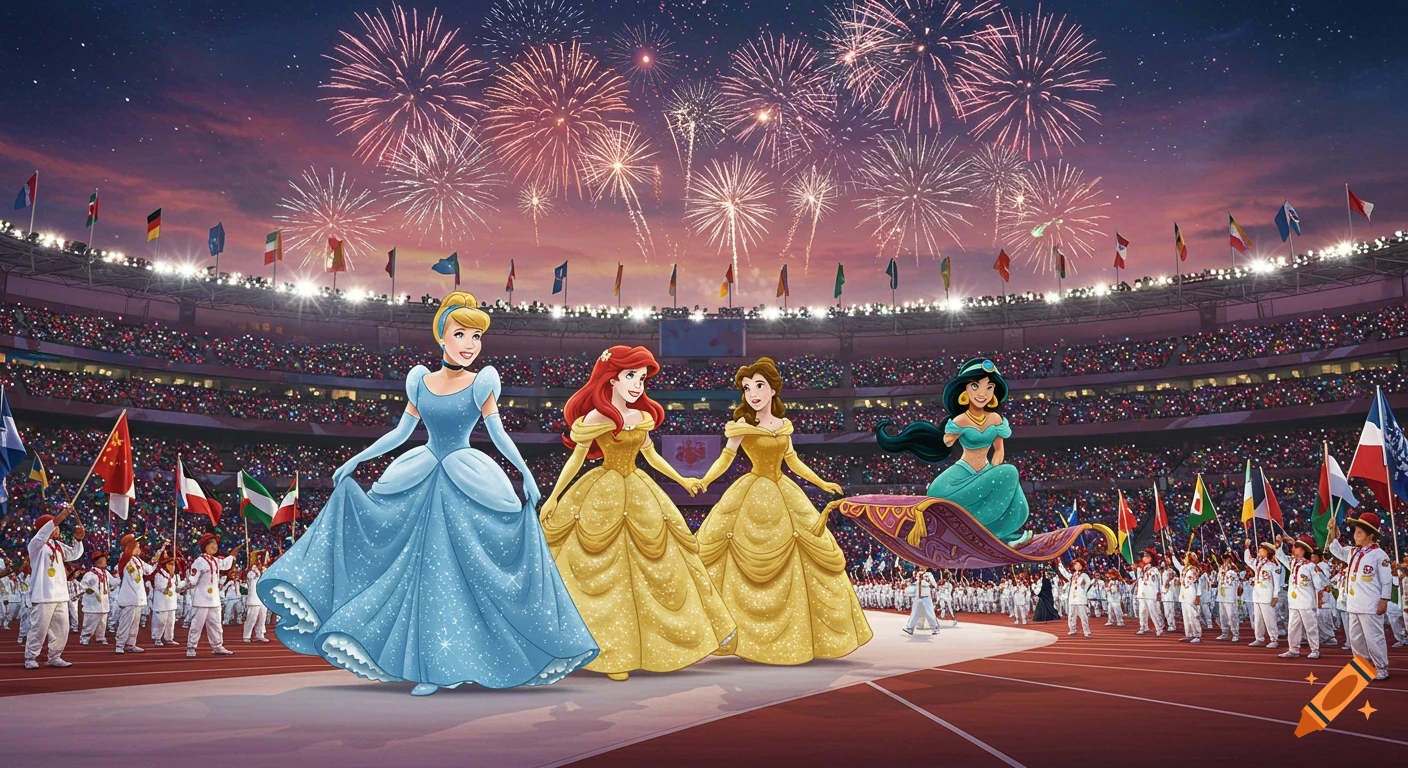 Cartoon Disney princesses Cinderella, Ariel, Belle, and Jasmine parade in an Olympic stadium with fireworks during an opening ceremony.