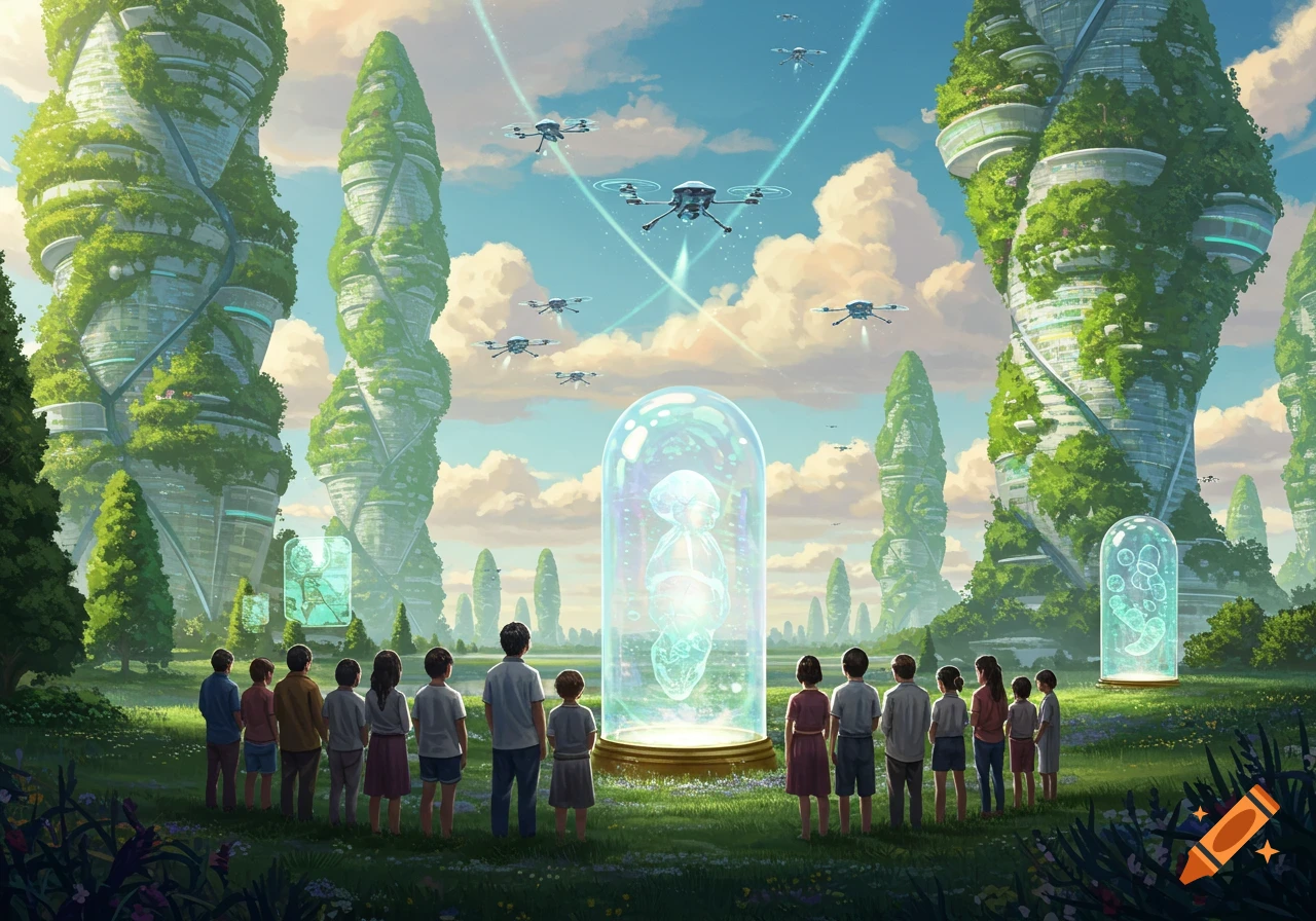 Children in a futuristic landscape with vine-covered skyscrapers and drones, gazing at a glowing display featuring an ethereal figure.