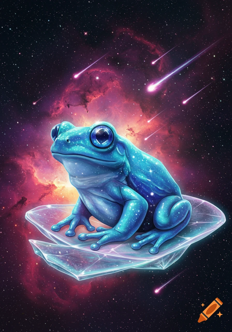 A blue, starry frog sits on a glowing crystal in deep space, surrounded by a vibrant nebula and shooting stars.