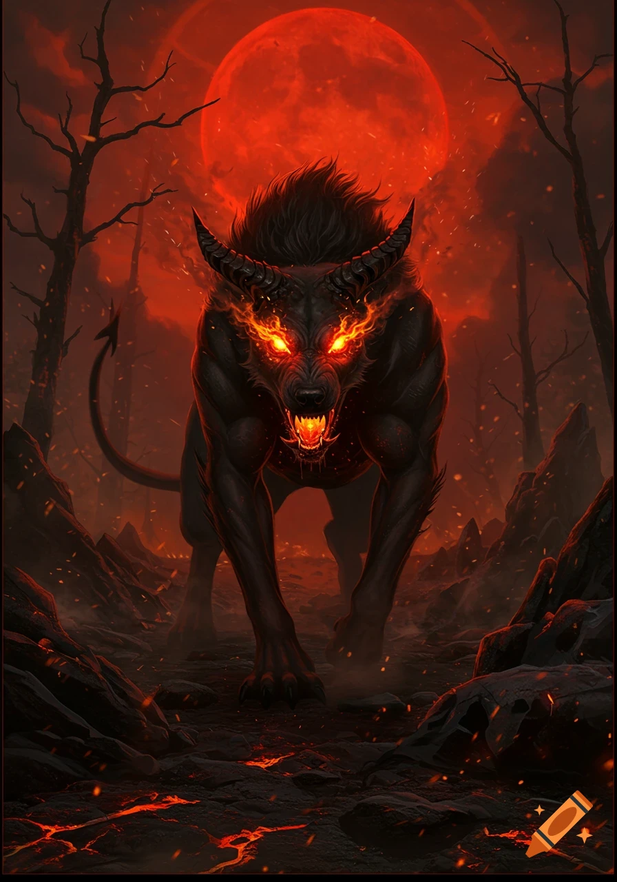 A fierce black hellhound with glowing red eyes and horns in a fiery, desolate landscape under a blood-red moon, dark fantasy art.