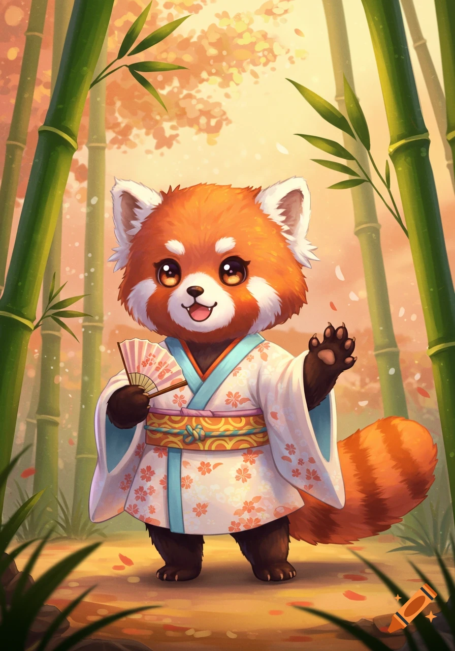 A cute cartoon red panda in a white and orange kimono holding a fan and waving, standing in a bamboo forest.
