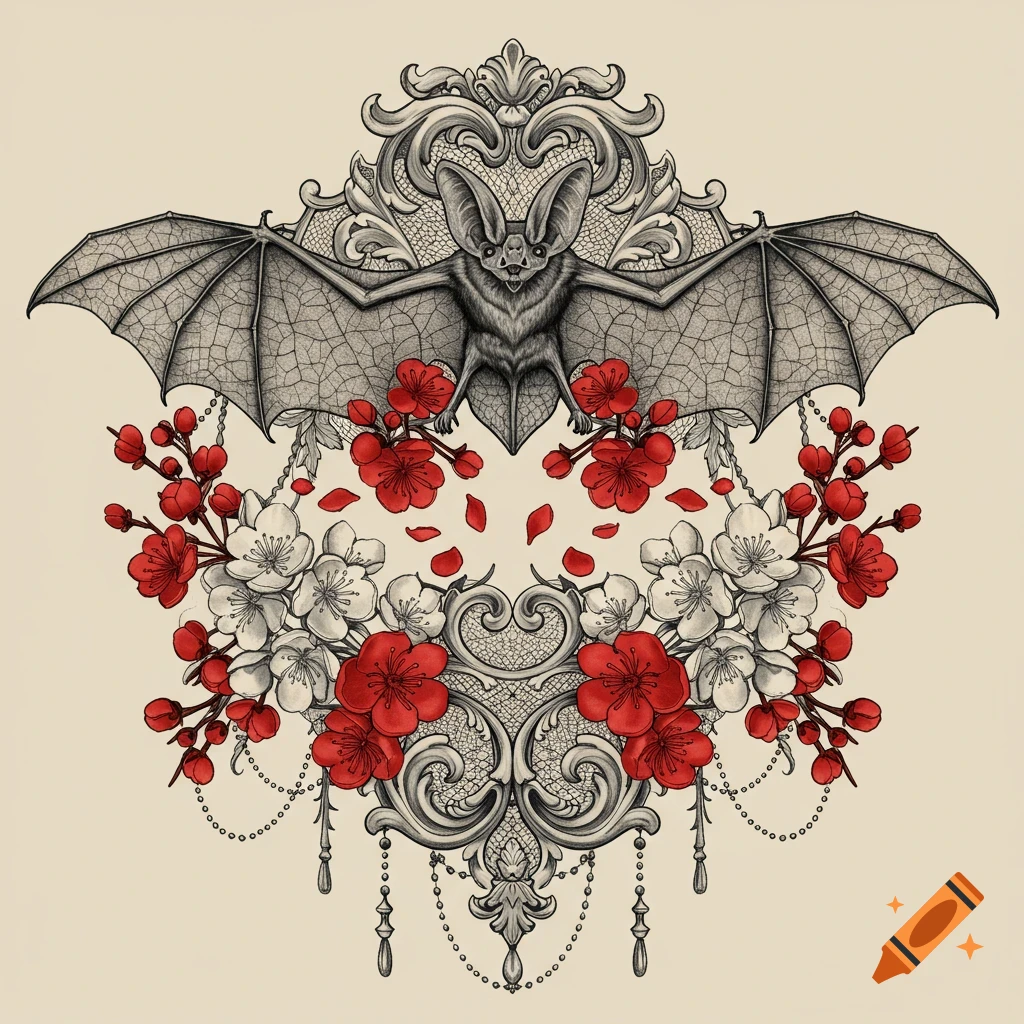 Detailed illustration of a bat with outstretched wings, surrounded by red and white plum blossoms and gothic ornamental scrolls.