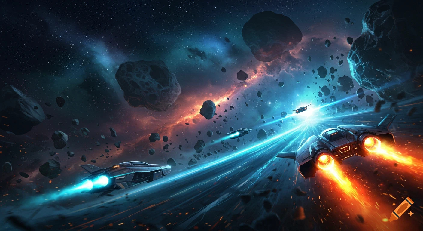 Spaceships race through an asteroid field in outer space with vibrant blue and orange light trails.