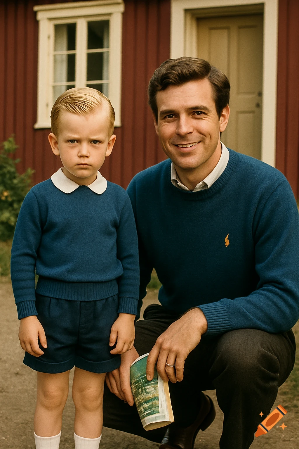 A father squats next to his young son in matching blue sweaters, in front of a red house.