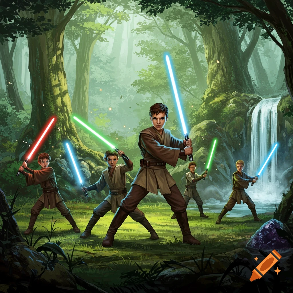 A vibrant digital painting of five young Jedi Padawans with lightsabers in a lush forest with a waterfall.