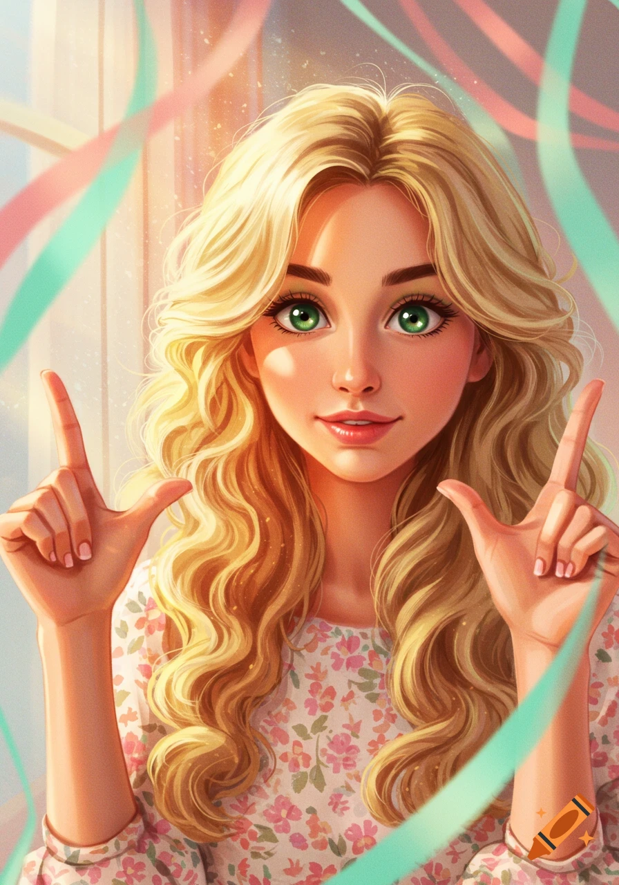 A vibrant digital art portrait of a green-eyed blonde woman in a floral top, making 'L' hand gestures, with colorful ribbons.