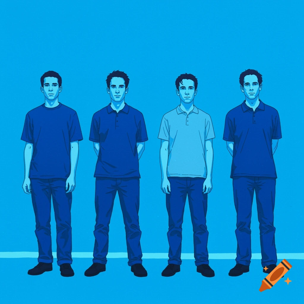 An illustration of four men standing in a line against a plain blue background, resembling the Weezer Blue Album cover. They are wearing shades of blue shirts and jeans.
