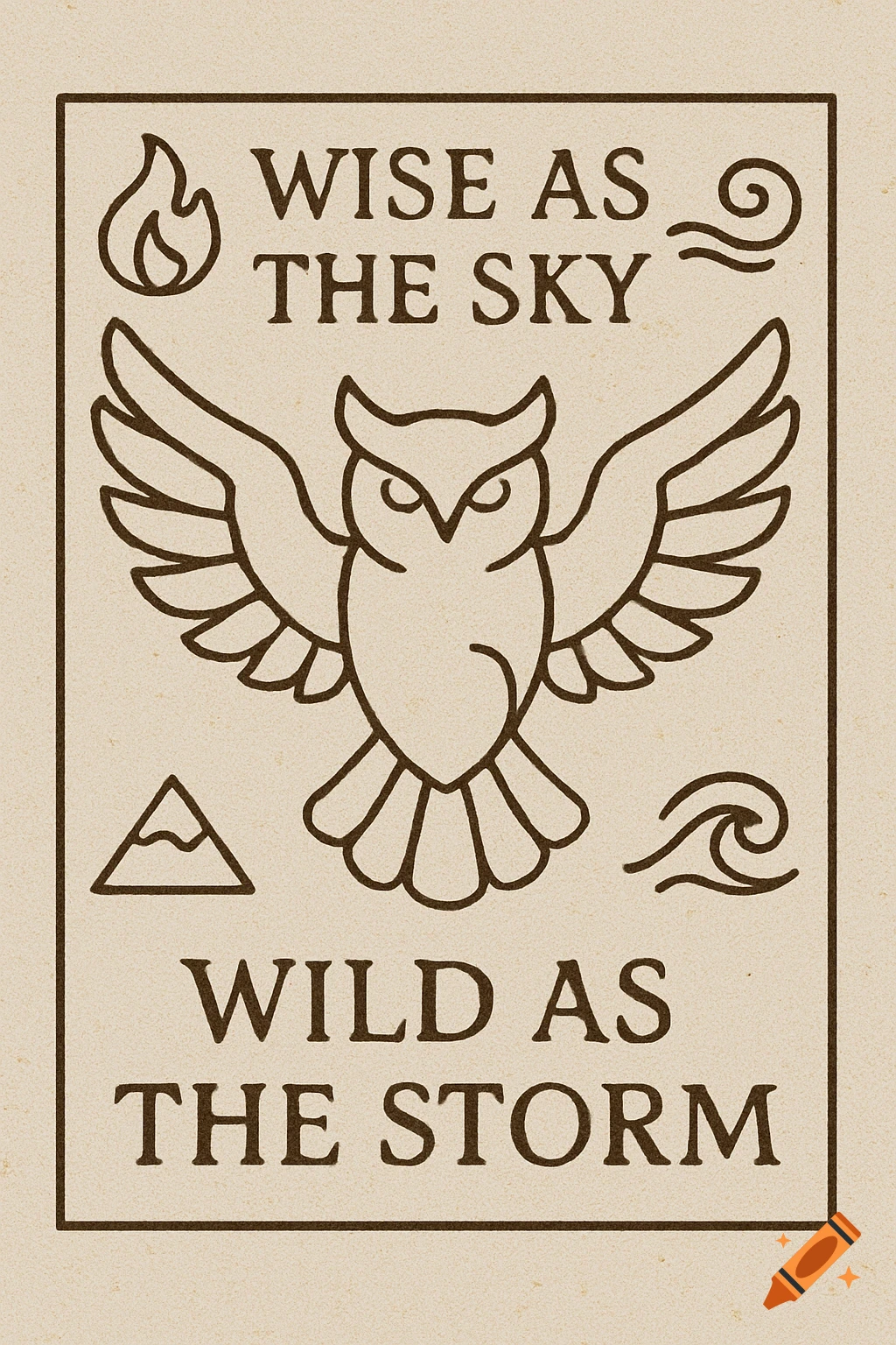 Minimalist line art illustration with an owl, elemental symbols, and text 'Wise as the sky' and 'Wild as the storm' on beige background.