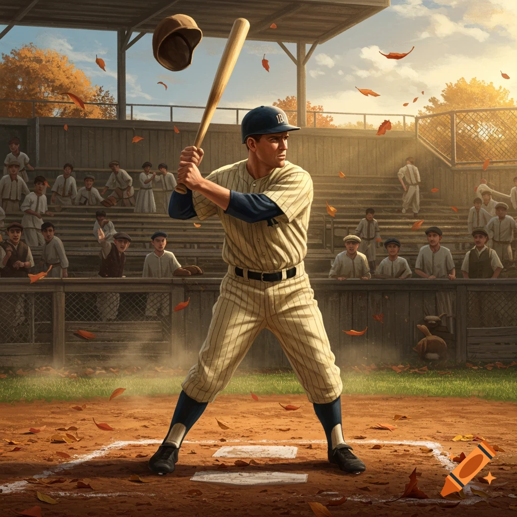 A vintage baseball player in uniform stands ready to bat on a field covered in autumn leaves, with spectators in the stands.