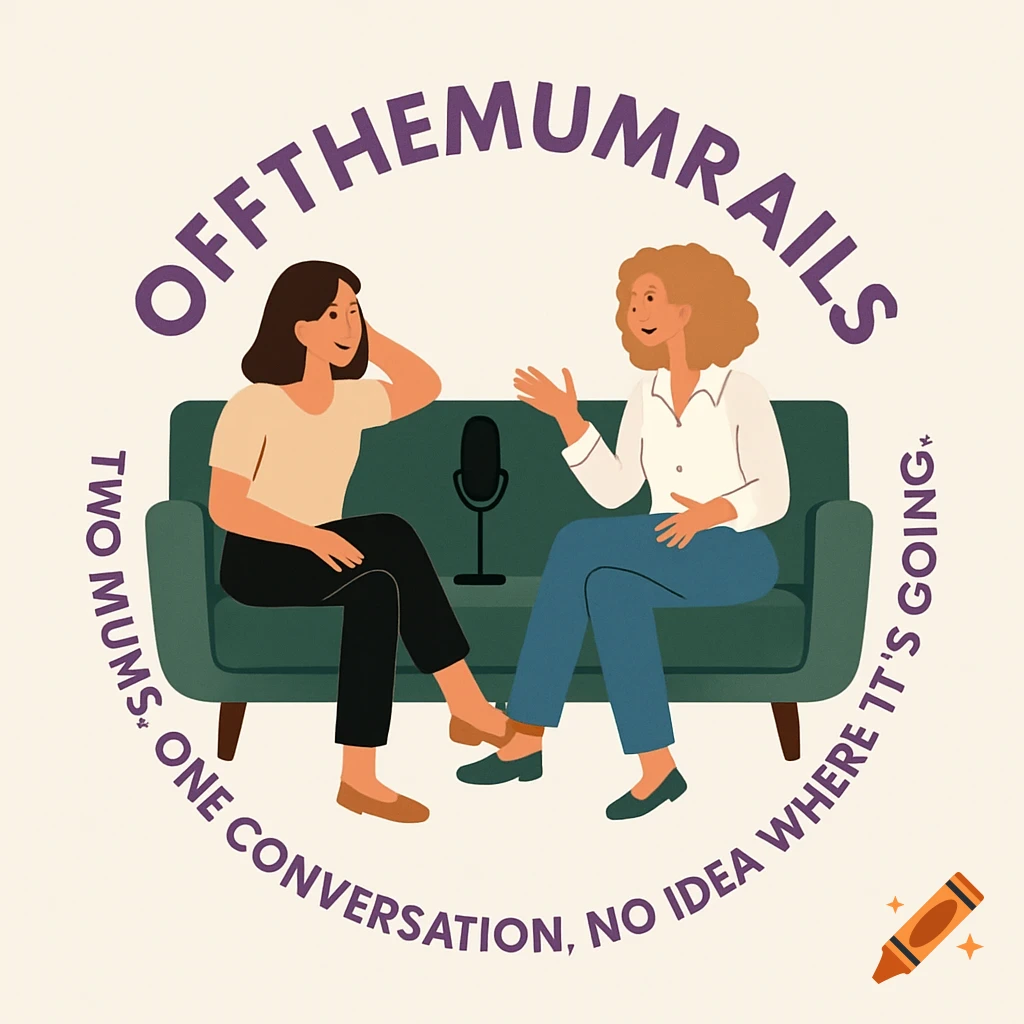 Digital illustration of two women on a green sofa with a microphone, surrounded by text for a podcast logo: 'OFFTHEMUMRAILS'.