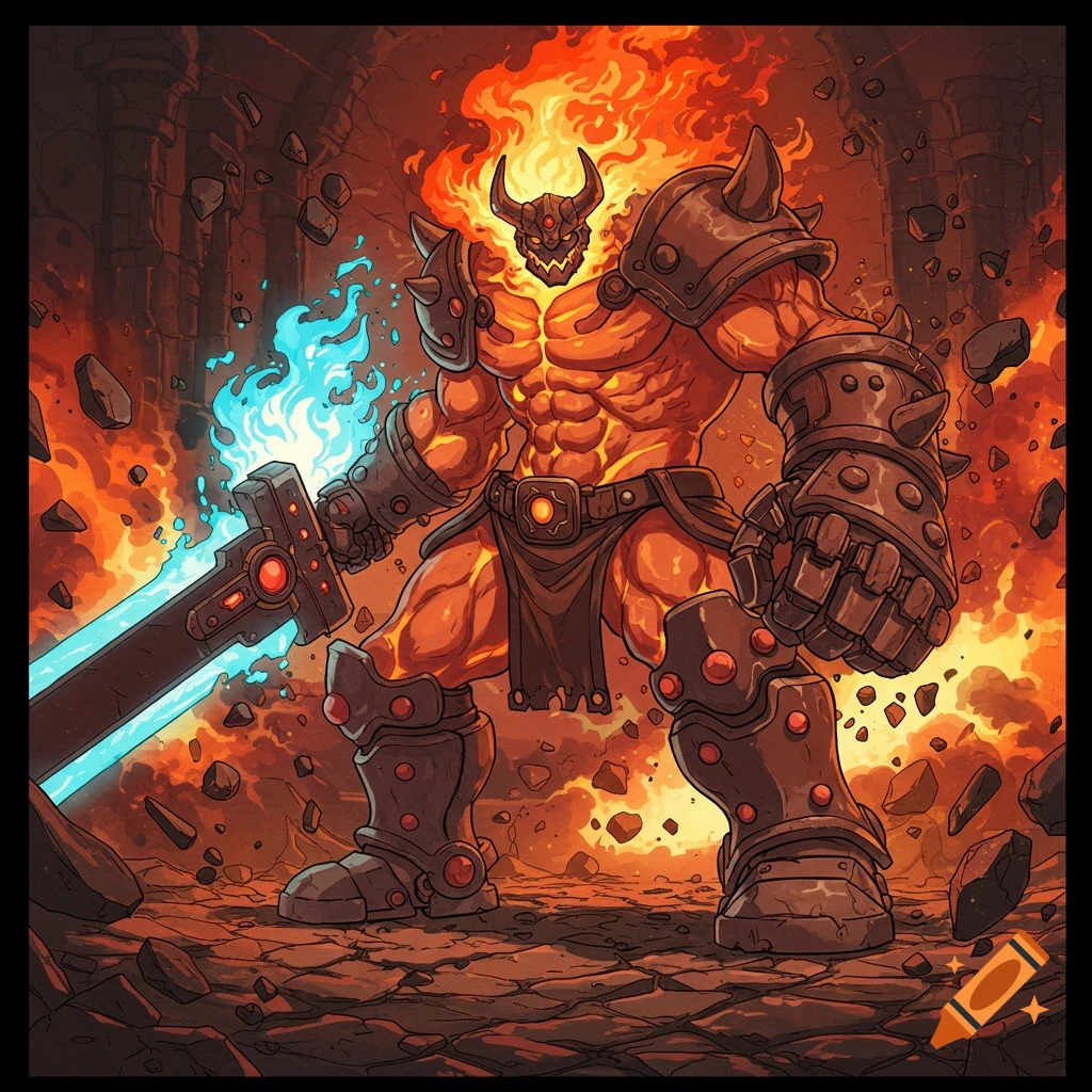 A hulking, muscular fire demon in dark armor stands amidst flames and rubble, holding a glowing blue greatsword, cel-shaded.