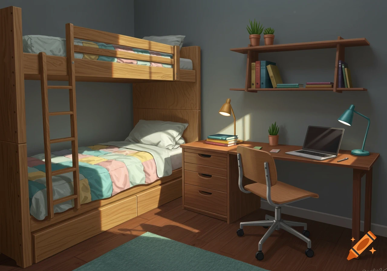 An illustration of a tidy bedroom with a wooden bunk bed, a desk with a laptop and lamps, and shelves with books and plants, bathed in sunlight.