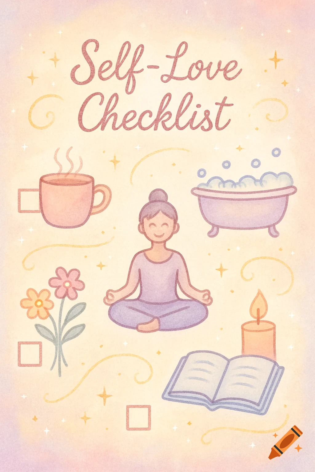 Watercolor illustration of a Self-Love Checklist with icons of meditation, tea, bath, flowers, candle, and book, with checkboxes.