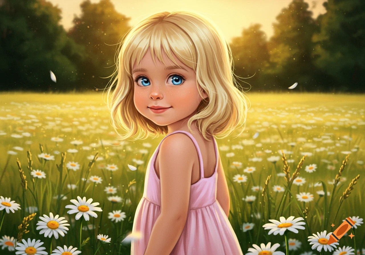 A smiling blonde girl with blue eyes in a pink dress stands in a field of white daisies at sunrise, digital painting.
