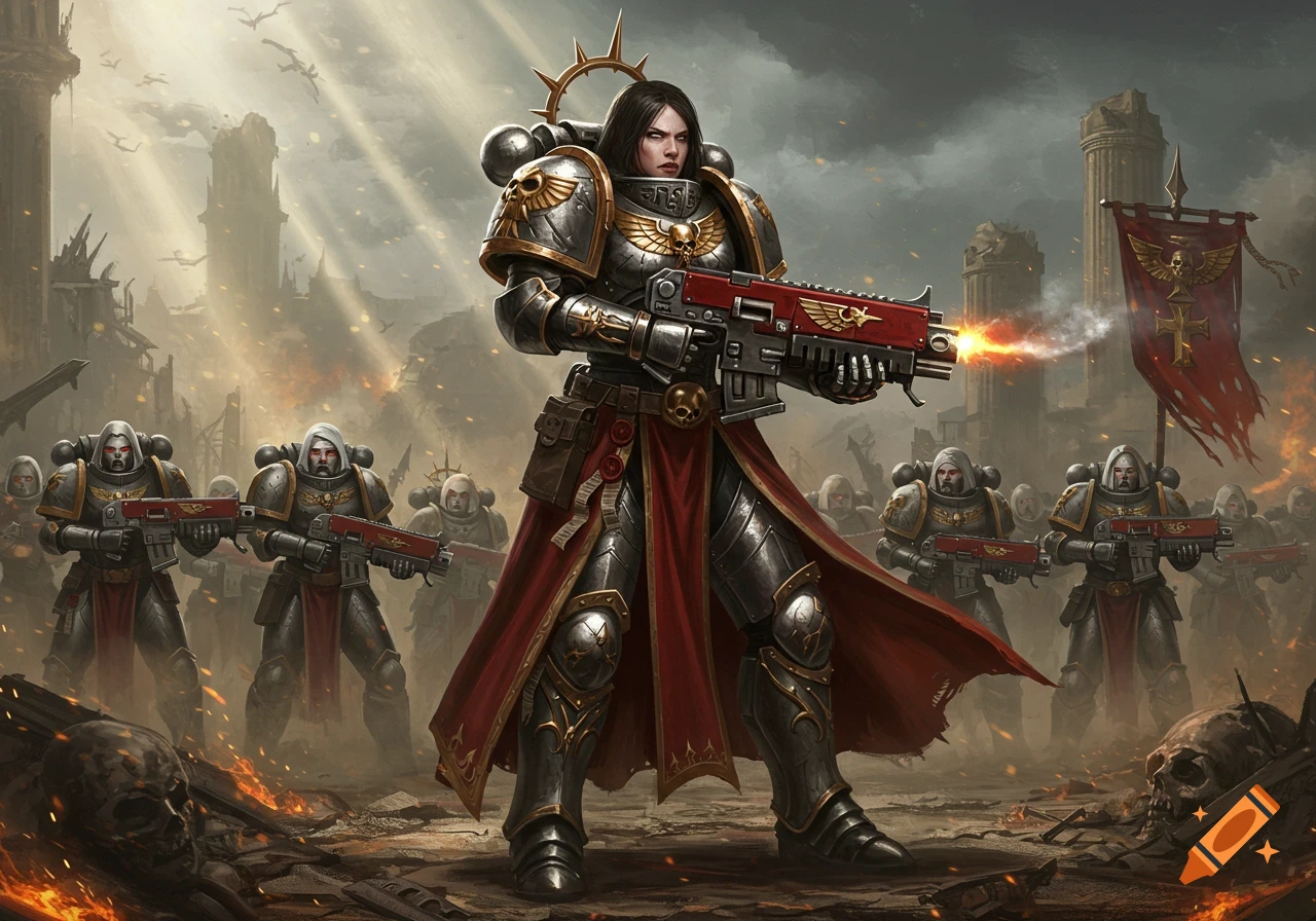 A female warrior in intricate silver and gold armor with a red cloak, holding a glowing rifle. She stands on a battlefield with other armored soldiers, amidst smoke and ruins.