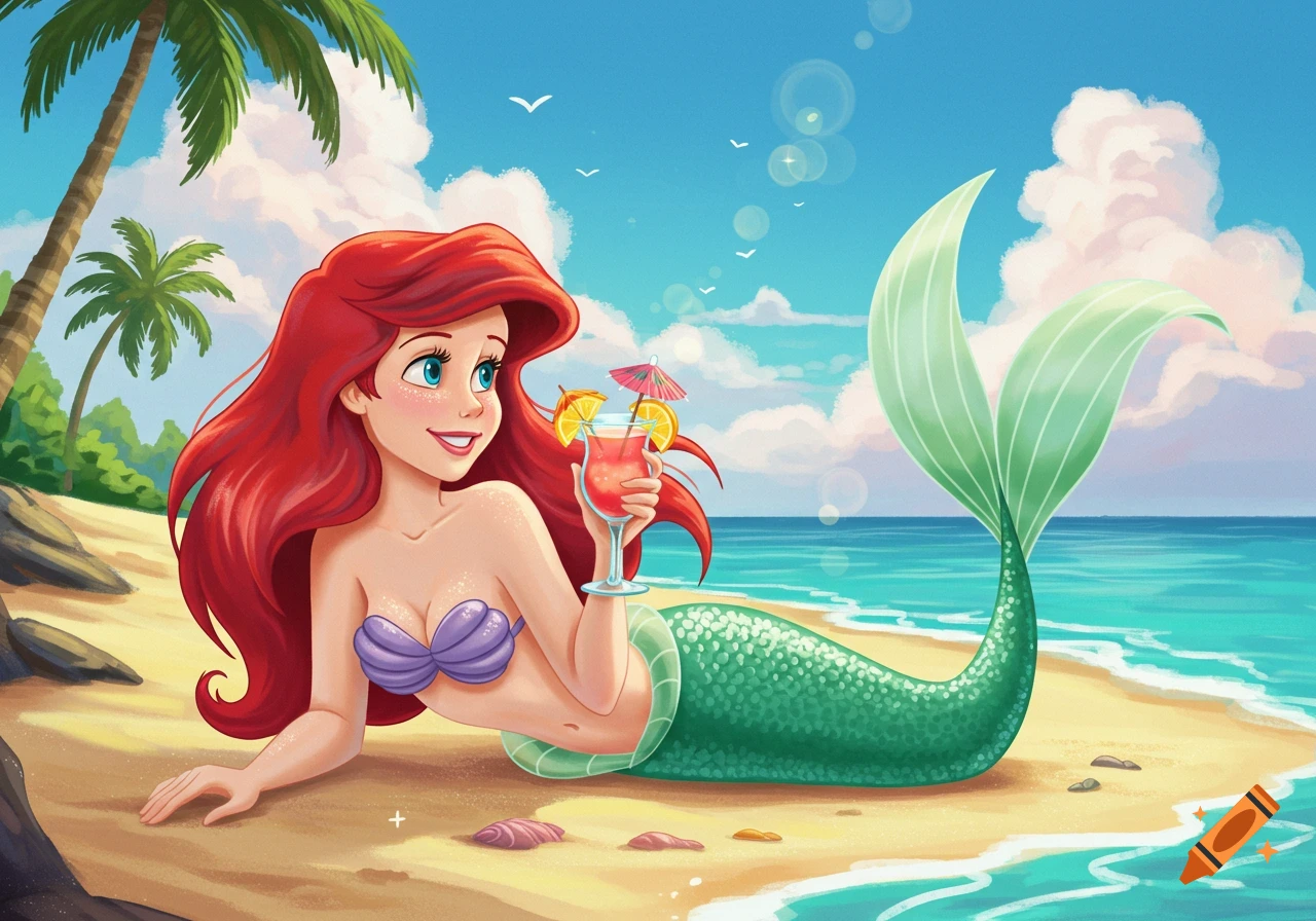 Cartoon illustration of Ariel the Little Mermaid with red hair and green tail, lying on a sunny beach holding a tropical drink. Palm trees and ocean background.