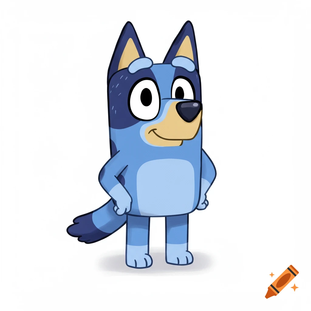 A full body illustration of Bluey, the blue cartoon dog, standing on a white background.