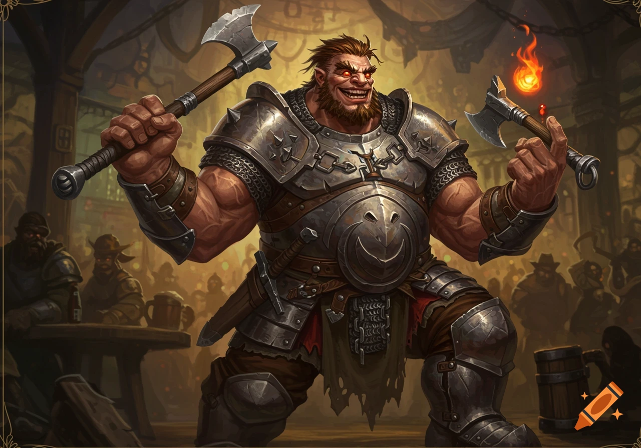 A hulking Goliath fighter in heavy chainmail armor grins maniacally, holding two axes in a tavern.
