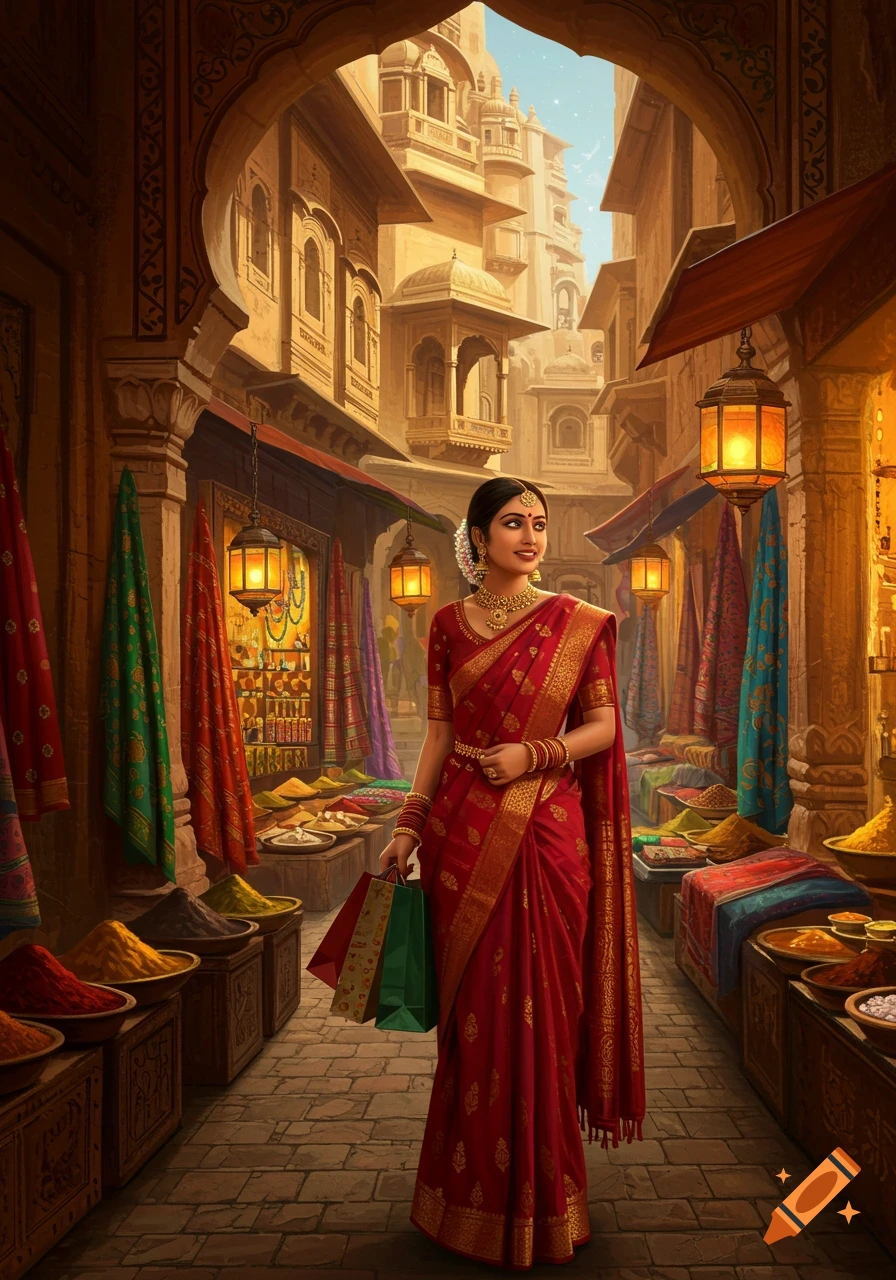 A photorealistic image of an Indian woman in a red saree walking through a vibrant market street with spice stalls and intricate architecture.