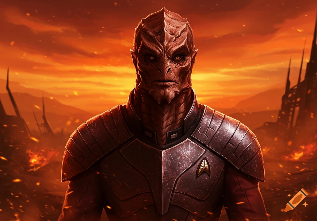 A detailed illustration of a red-brown reptilian alien in dark armor, possibly a Klingon-Cardassian hybrid, against a fiery, orange-skied, desolate landscape.