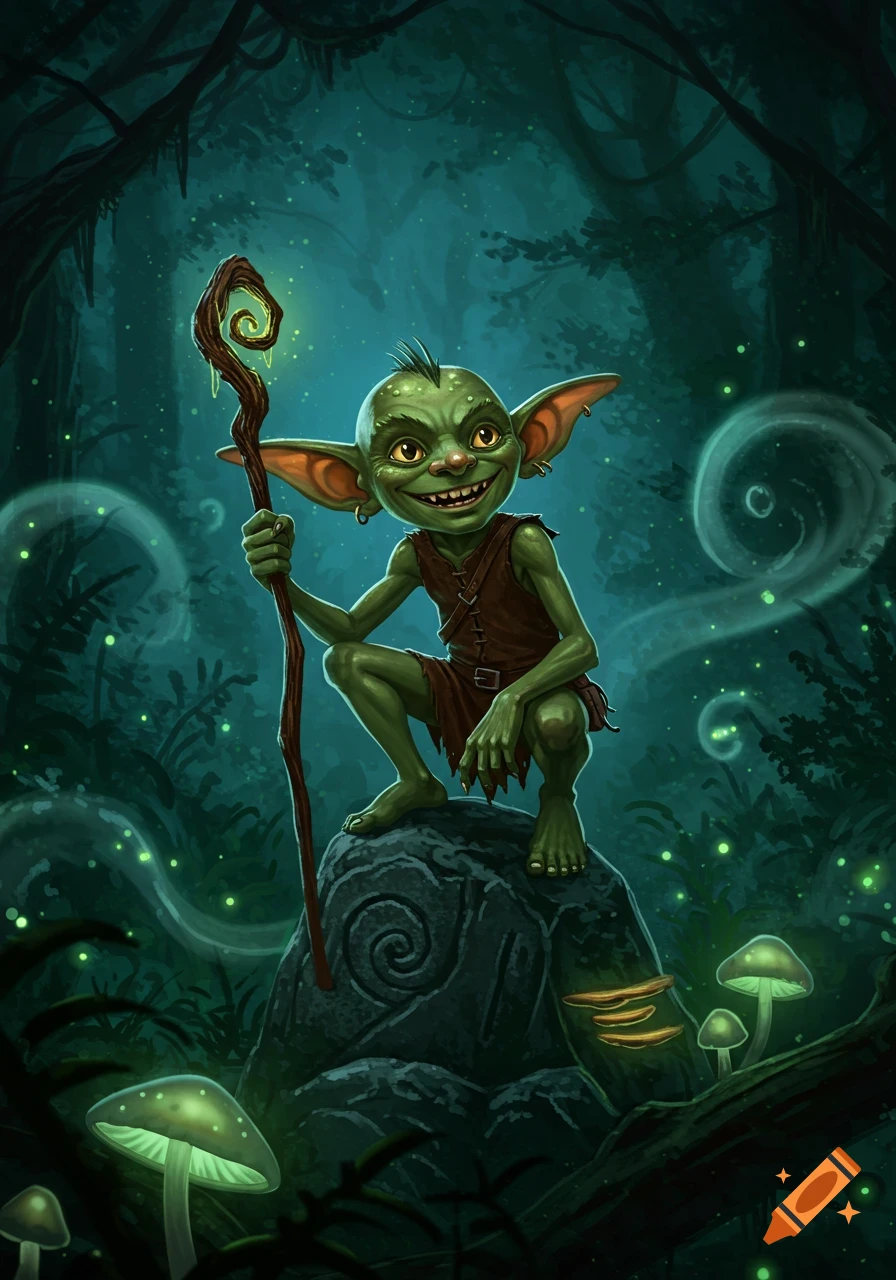 A grinning green goblin with large ears crouches on a rock in a dark, mystical forest, holding a glowing staff, surrounded by glowing mushrooms.